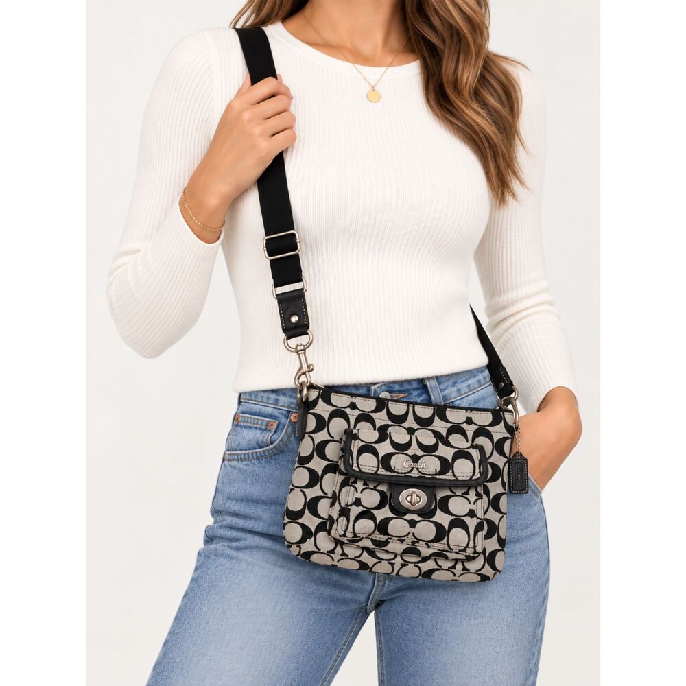 Coach Signature C Jacquard Crossbody Bag Black White Turnlock Y2K Purse